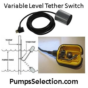 The picture shows the tether float switch which has a long tether with a float at the end of it. The float moves up and down depending upon the height of the water. When it reaches its highest point it activaes the switch which provides electricity to run the pump.